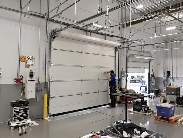 Commercial garage door repair being performed by Poinciana Garage Door Repair expert in Poinciana