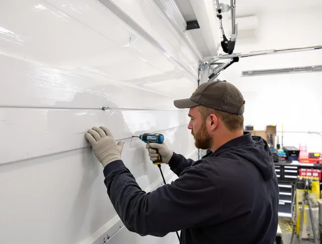 Poinciana Garage Door Repair technician demonstrating precision dent removal techniques on a Poinciana garage door
