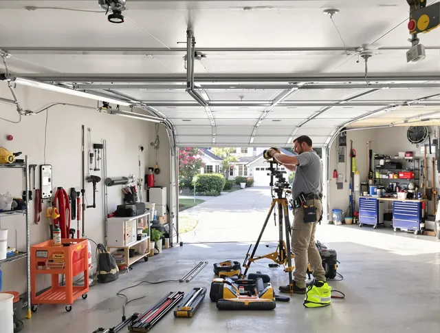 Poinciana Garage Door Repair specialist performing laser-guided track alignment in Poinciana